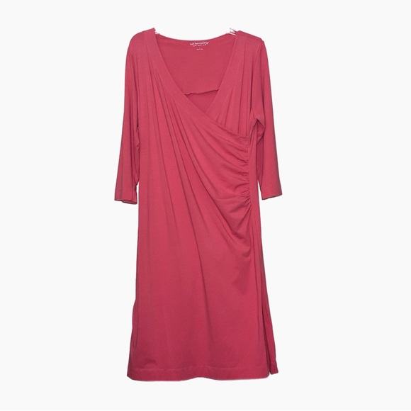 Soft Surroundings Wear Anywhere Faux Wrap Pink Cotton Dress 3/4 Sleeve Size L - Picture 7 of 9